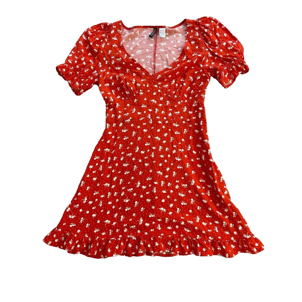 H&M Divided Babydoll Dress Red V-Neck Floral Puff Sleeve Cottage Nautical Large